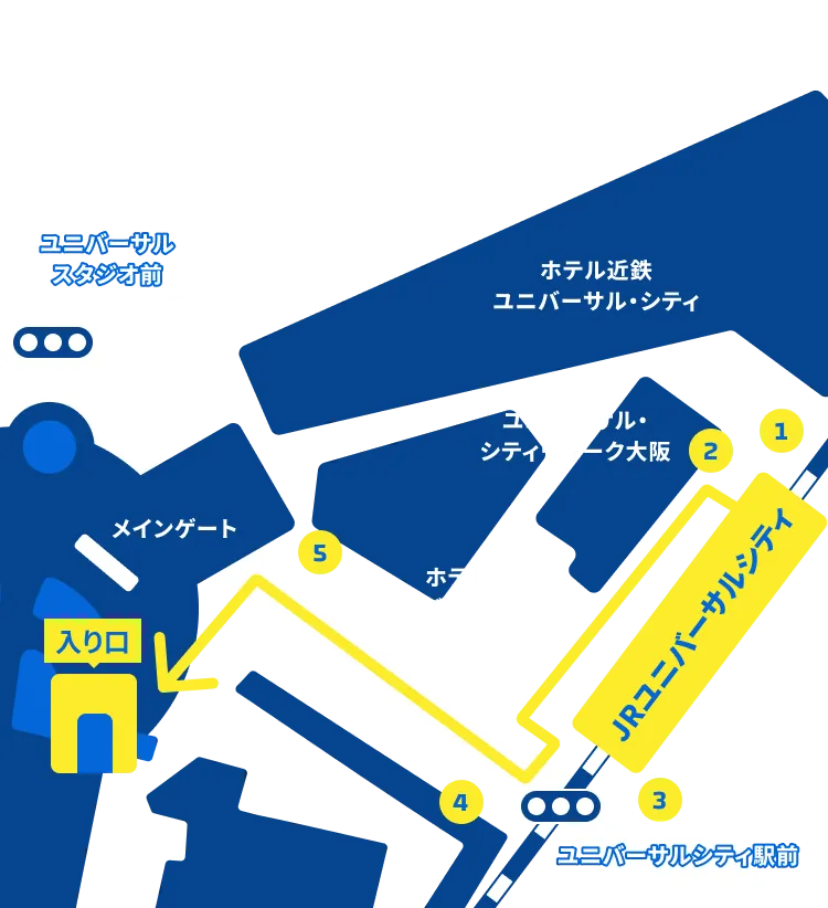 JR夢咲線ユニバーサルシティ駅からユー・エス・ジェイ従業員入り口へのマップ